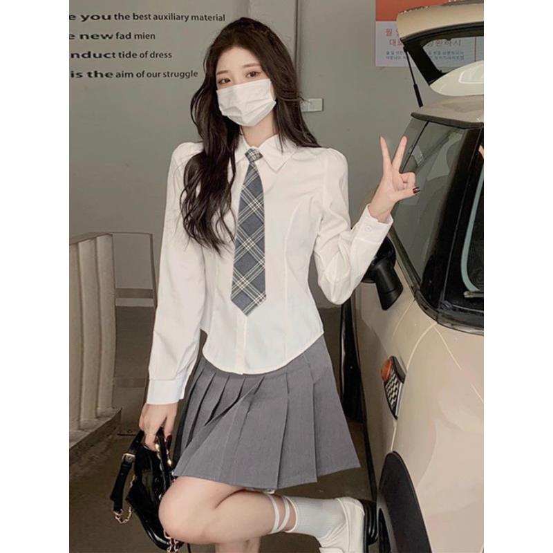 

Women s College-Style Long-Sleeve White Shirt with Tie Waist - Niche Autumn/Spring JK Uniform Set XL