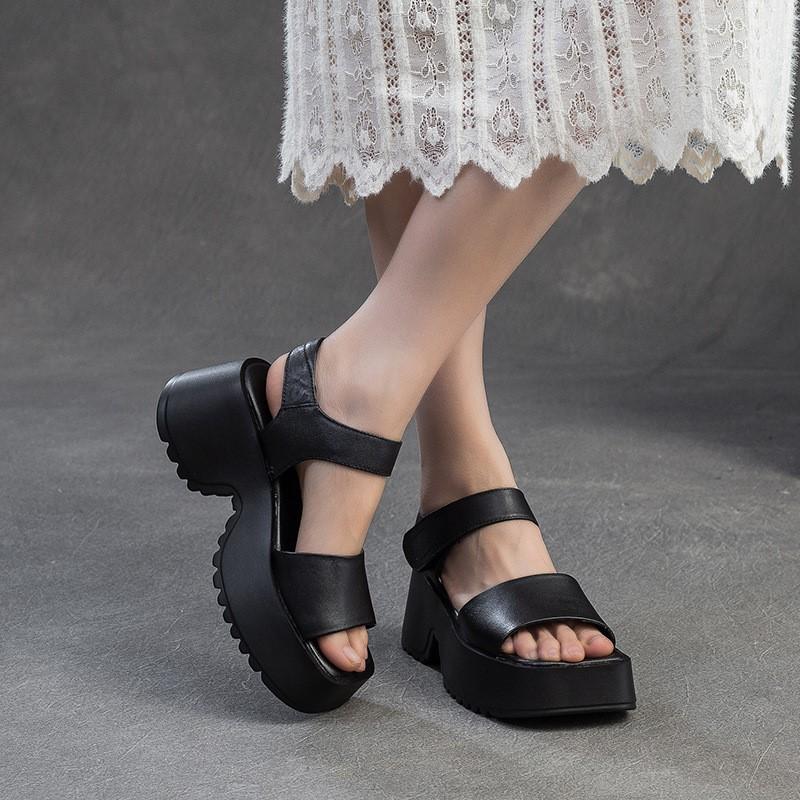 Johnature Retro Sandály s otevřenou špičkou a čtvercovou špičkou na silné podrážce, z pravé kůže, pohodlné dámské platformové boty