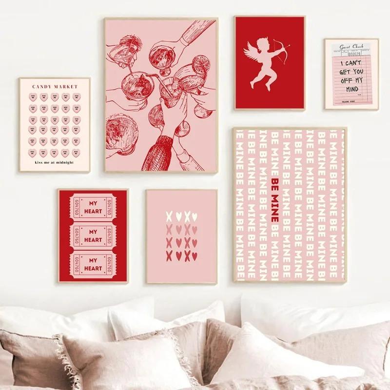 Valentinstag Warteschlange Galerie Druckbare Poster Vintage Romantische Wand Kunst Nette Rosa Herz Leinwand Malerei Hause Schlafzimmer Dekoration