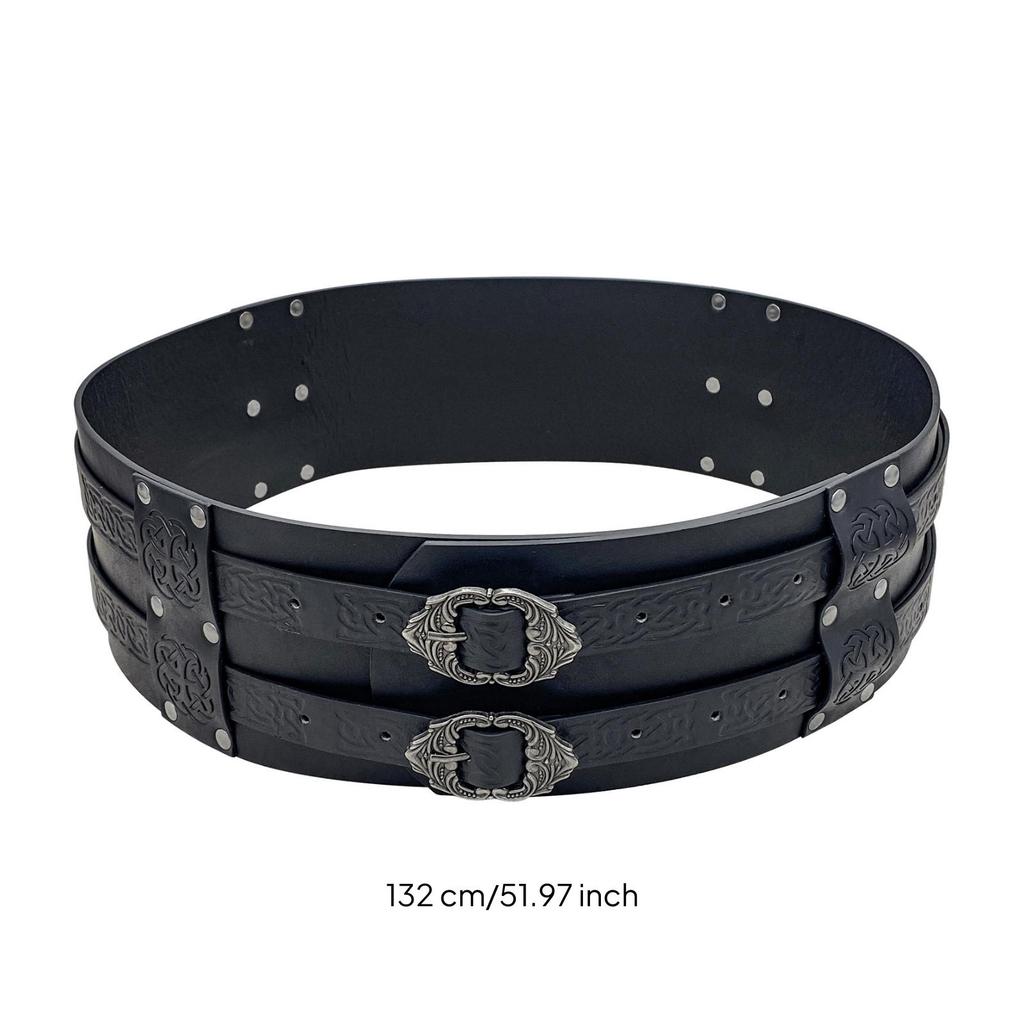 Layered Wide Belt with Rivets Embossed Wrap Buckles Fashion Waistband