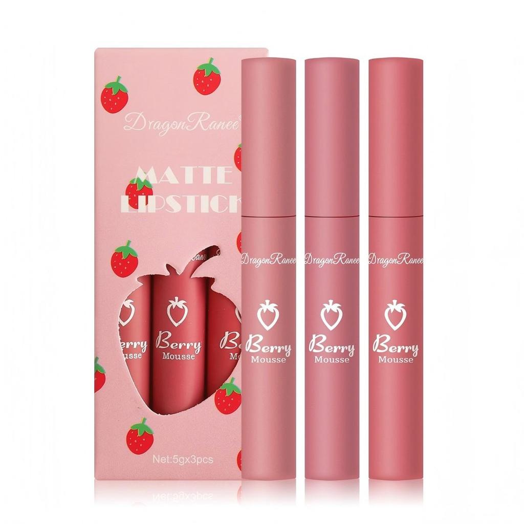 Dragon Ranee 3 strawberry set box Velvet mist matte lip glaze lipstick Lip gloss women's non-stick cup cute set