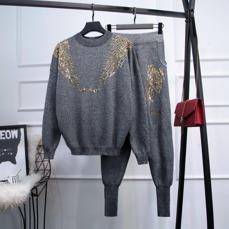 Womens Sequin Knit Sweater Slim Pants Set Loose Long Sleeve Top 2PCS Outfit