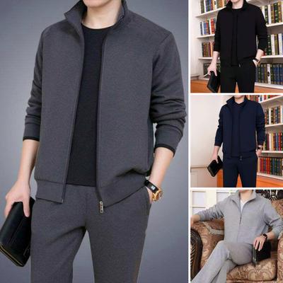 2Pcs/Set Men Sport Outfit Lapel Long Sleeve Zipper Placket Coat Elastic Waist