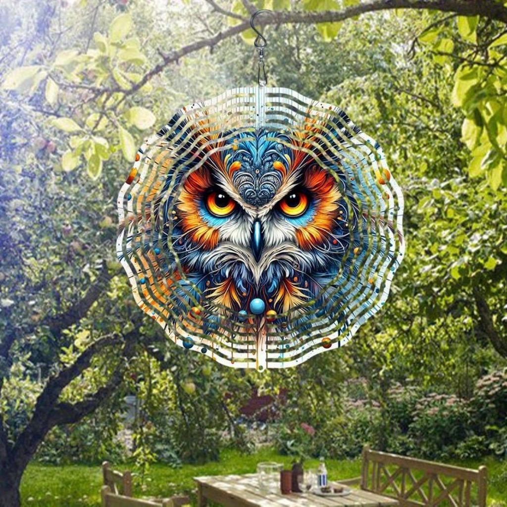 Hand Painted 3D Owl Wind Chime Metal Outdoor Hanging Decor for Garden Patio Balcony Weather Resistant Vibrant Colors Intricate Feather Design