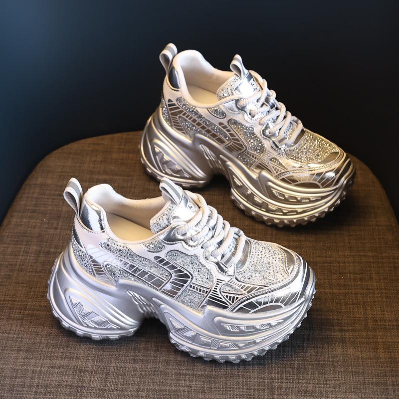 

HS9131-66 кроссовки на толстой подошве, с сетчатой дышащей подкладкой, со стразами, папины кроссовки, женская летняя спортивная и повседневная обувь 39 серебряный