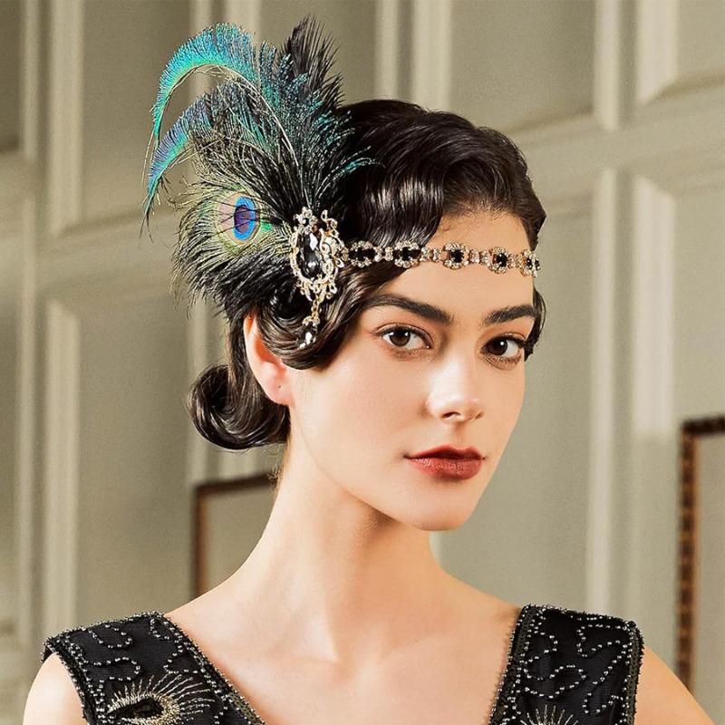 Western 1920s Peacock Feather Headdress Headband Gatsby Party Masquerade Halloween Women's Set Elegant Essential