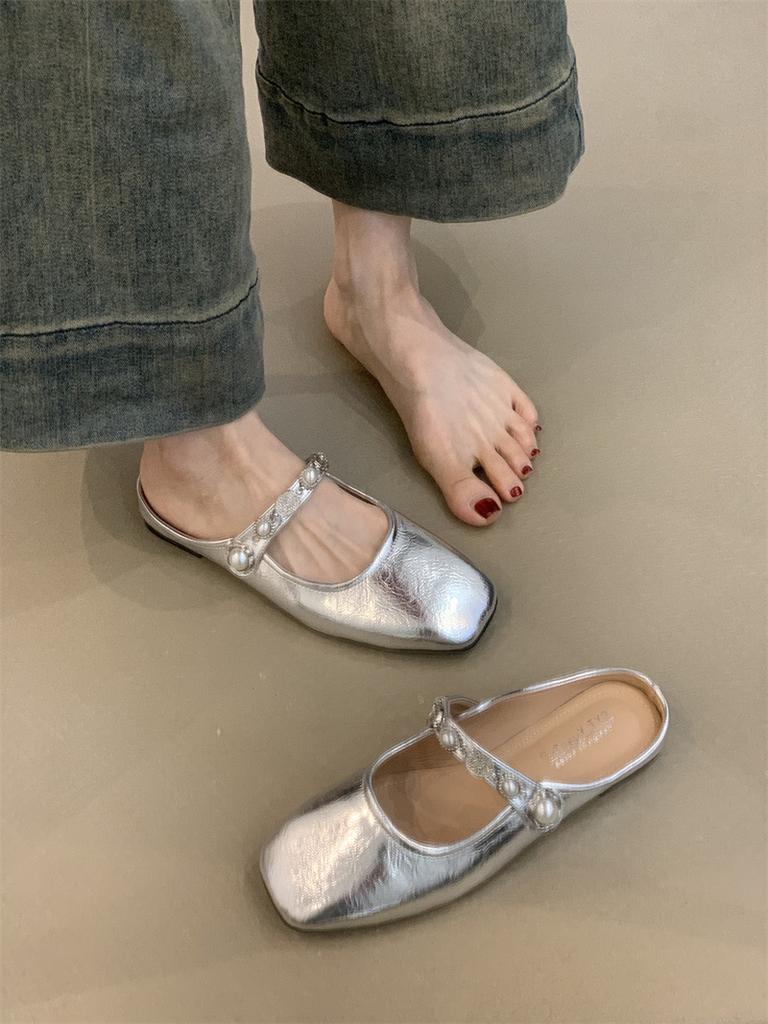 Baotou Half Slippers Women's Outer Wear 2025 New French Temperament Elegant Silver Square Head One Pedal Mary Jane Shoes