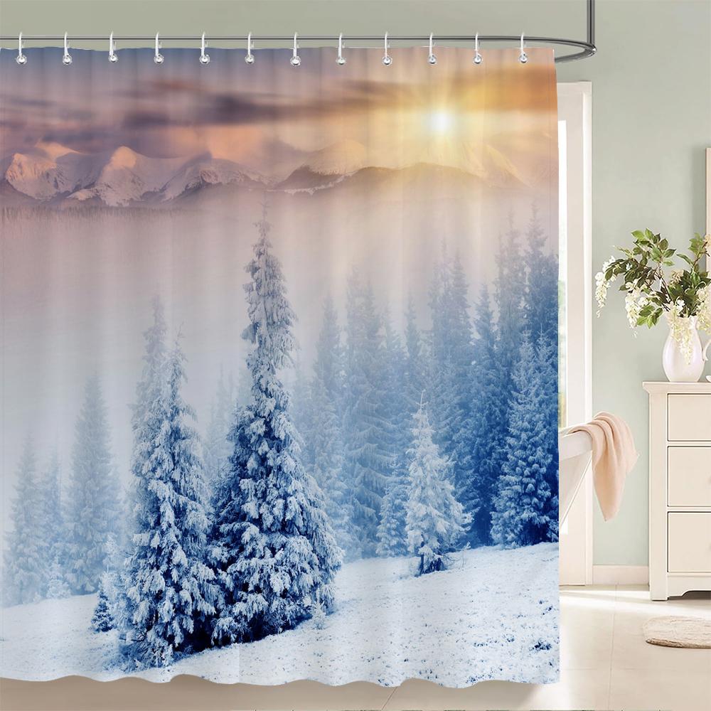 1 szt. Zimowy krajobraz Zasłona prysznicowa Scena śnieżna Drukowana Zasłona łazienkowa Tkanina poliestrowa Wodoodporna Zasłona do dekoracji domu