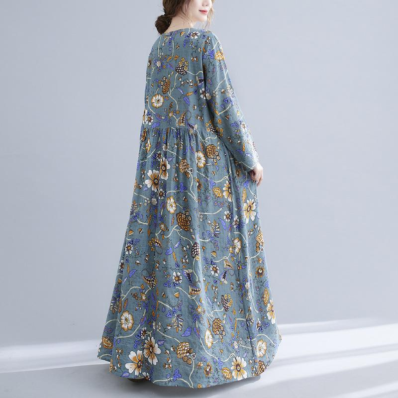 İlkbahar ve Yaz Aylarında Pamuk ve Keten Nefes Alabilen Elbise Büyük Boy Baskılı Yuvarlak Yaka Uzun Kollu Büyük Salıncak Elbise