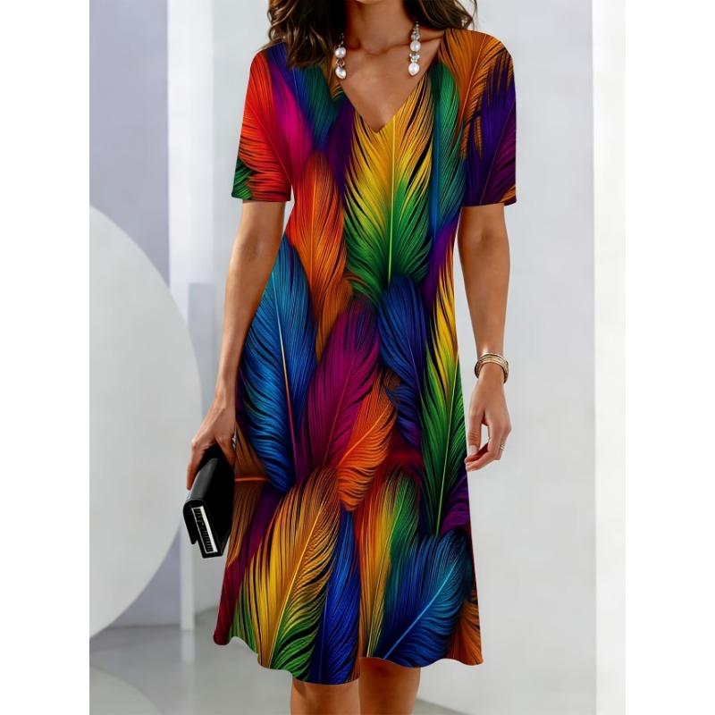 Damen V-Ausschnitt Kurzarm 3D Regenbogen Farbverlauf Druck Minikleid Lässig Elegant Farbverlauf Farbwechsel Kleid