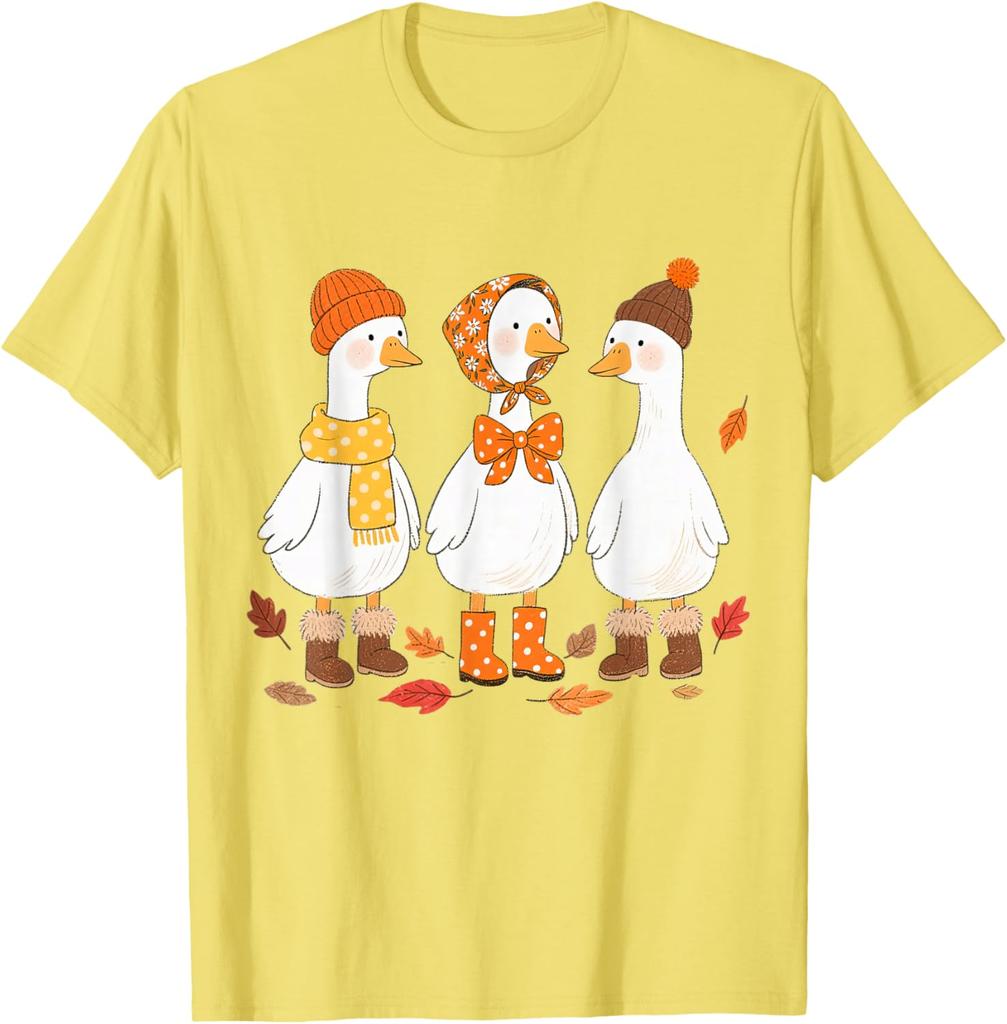 Süßes Drei-Gänse-Herbst-Vibes Grafikdruck-T-Shirt Lässiges Baumwoll-T-Shirt mit Rundhalsausschnitt für Damen