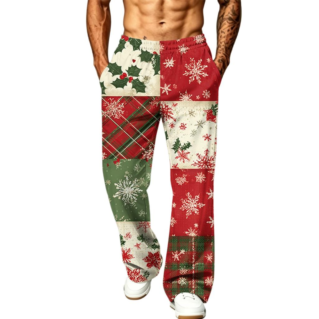 Men's Fashion Casual Loose Fit Wide Leg Christmas Print Sports Pants with Pockets