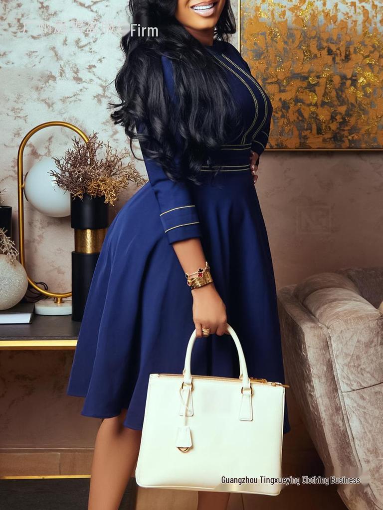 African Plus Size Women's Elegant Stand Collar Big Swing Dress