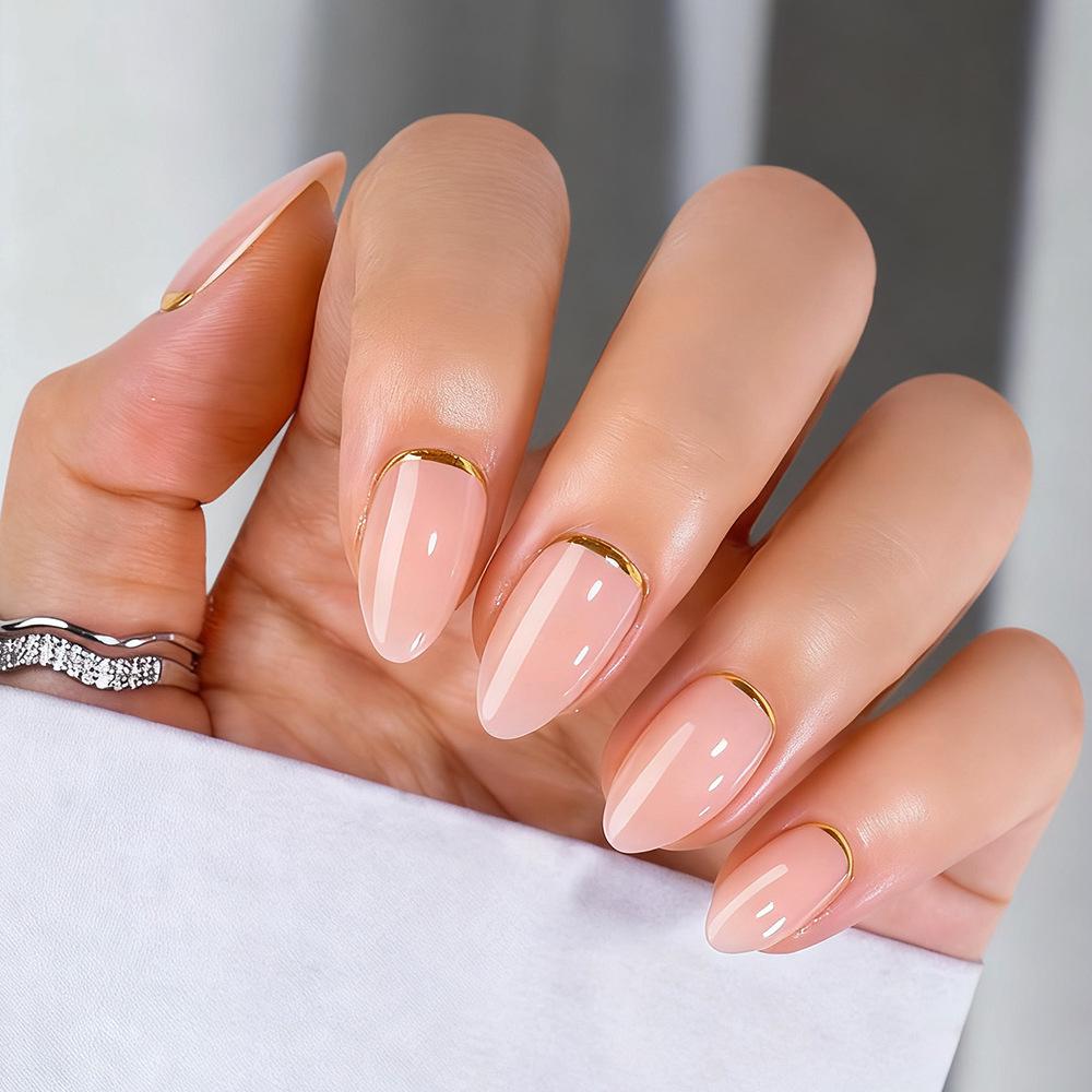 32-Piece Almond Glossy Gradient Nude and Gold French Tip False Nail Set