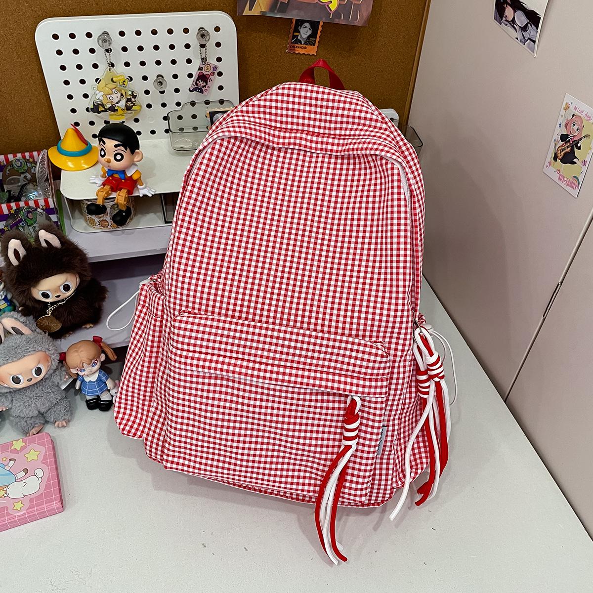 

Plaid Candy Color Backpack for Junior High Girls - Versatile, Large Capacity, Casual Double Shoulder Bag
