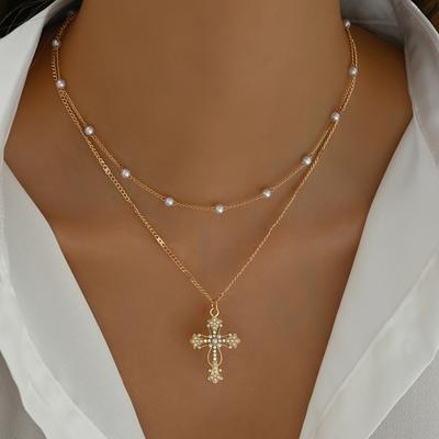 1PC Layered Cross Necklace For Women Double Chain Minimalist Bead Jewelry Adjustable Dainty O-Link Chain Gold Silver Alloy Casual Elegant