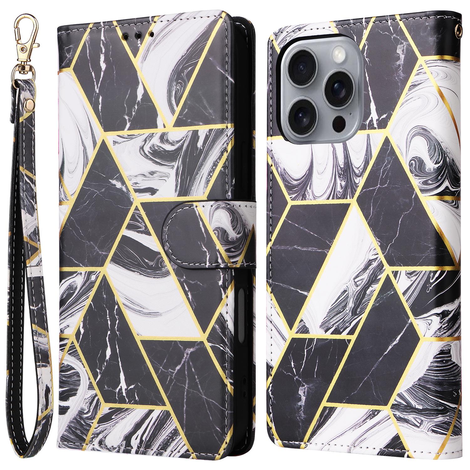 

Чехол для iPhone 16 Pro Max с лакированным мраморным узором, отделениями для карт, кожаным чехлом-кошельком для телефона Black