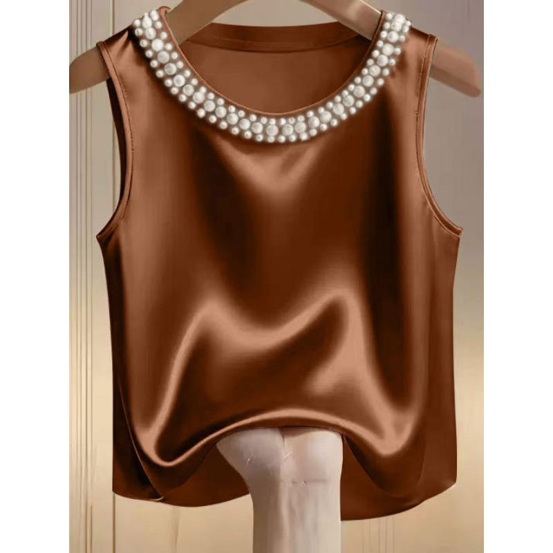 women s Elegant Satin Beaded Crew Neck Sleeveless Tank Top Casual Camisole Blouse S