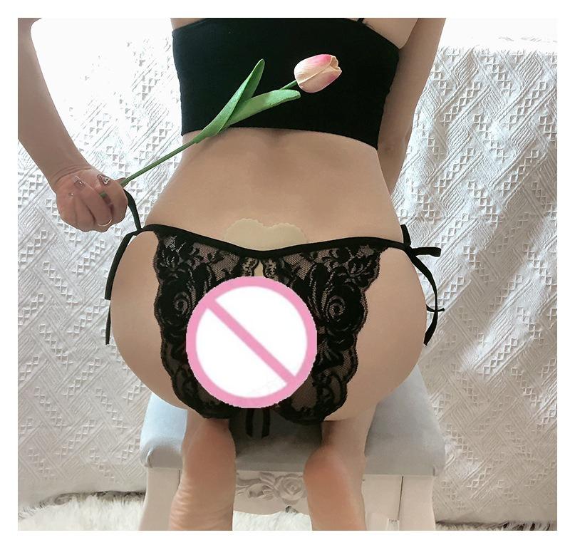 Women's Sexy Hollow Out Thong Lingerie Open Crotch Underwear Lady's Crotchless French Style Lace See Panties with Bow Hot Sale