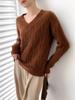 Women's V-neck Wool Twist Sweater - Thick, Loose, Long Sleeve Knit for Autumn/Winter