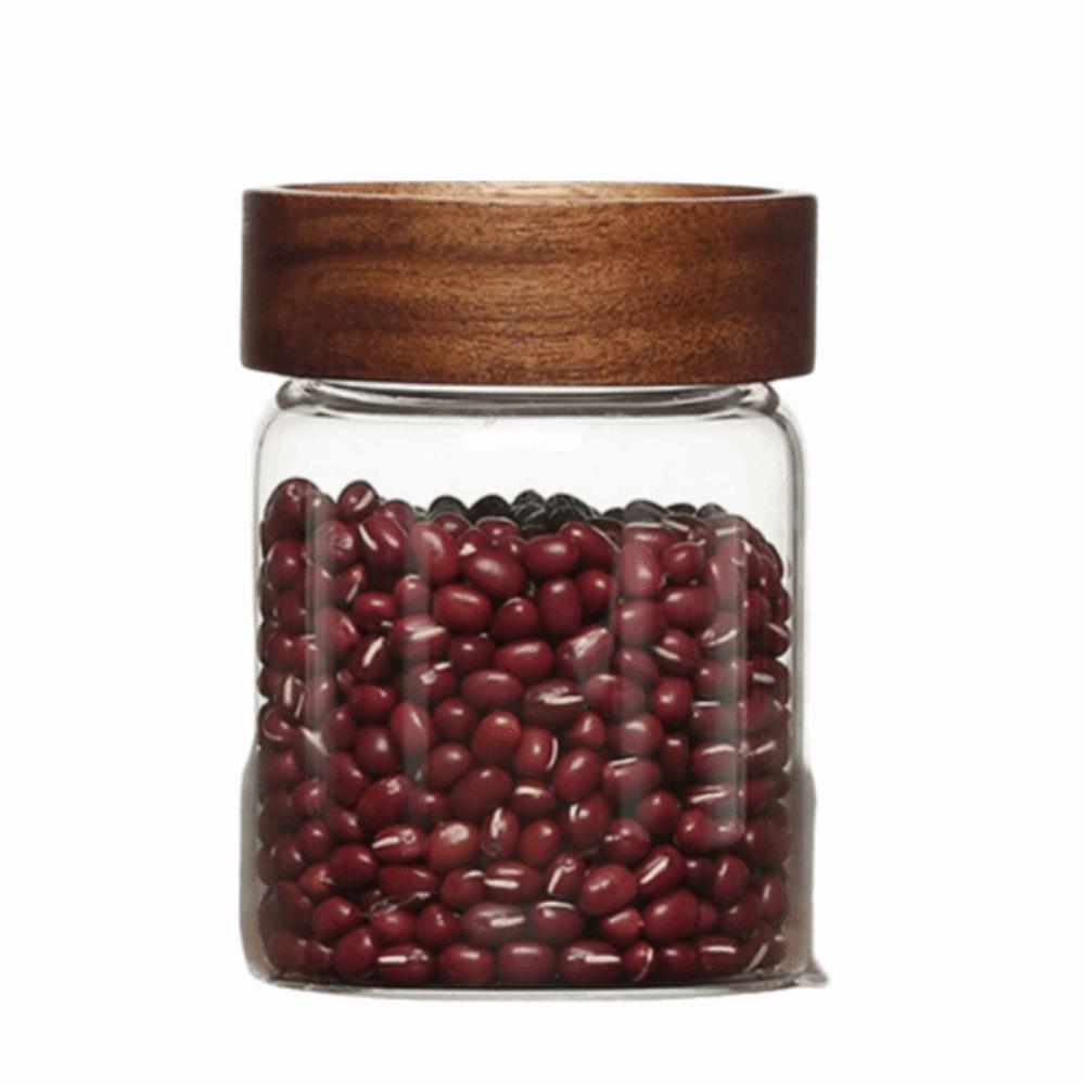 Screw Airtight Seal Glass Storage Jar with Wood Lid Multi-Purpose Tea Coffee Beans Containers Durable Clear Glass