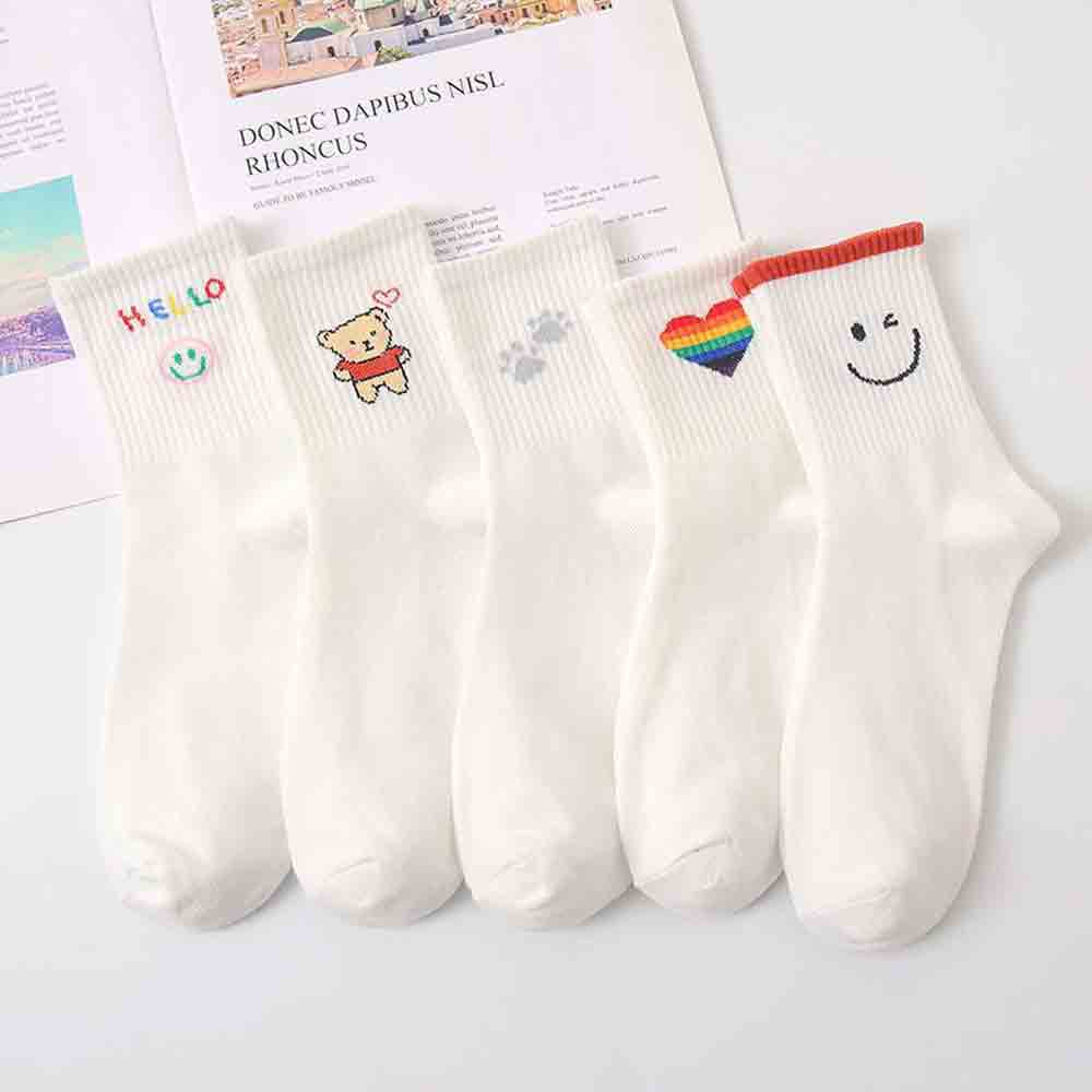 

5 пар жіночих білих шкарпеток з мультяшним райдужним принтом, бавовняні шкарпетки середньої довжини в стилі Y2K Хараджуку, милі каваї спортивні шкарпетки для жінок на кожен день One Size