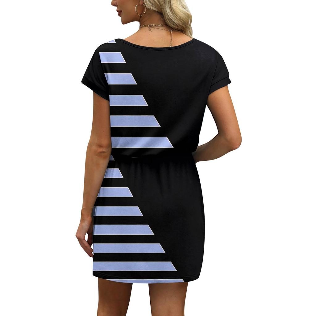 Women's Fashion V-Neck Short Sleeve Drawstring With Pocket Printed Casual Dresses