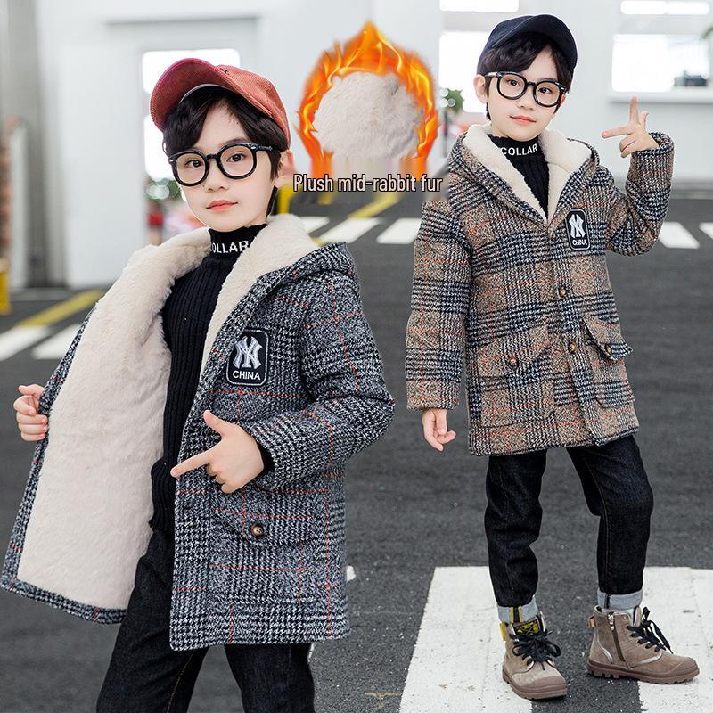 Boys' Fleece-lined Cotton Jacket & Plaid Woolen Coat - 2025 New Style