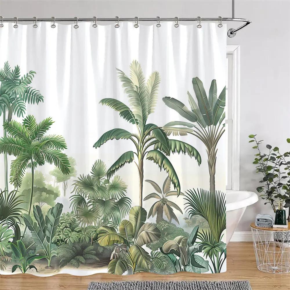Tropical Botanical Jungle Animal Shower Curtain Coconut Flamingo Giraffe Bluebird Polyester Fabric Shower Curtain Bathroom Decor