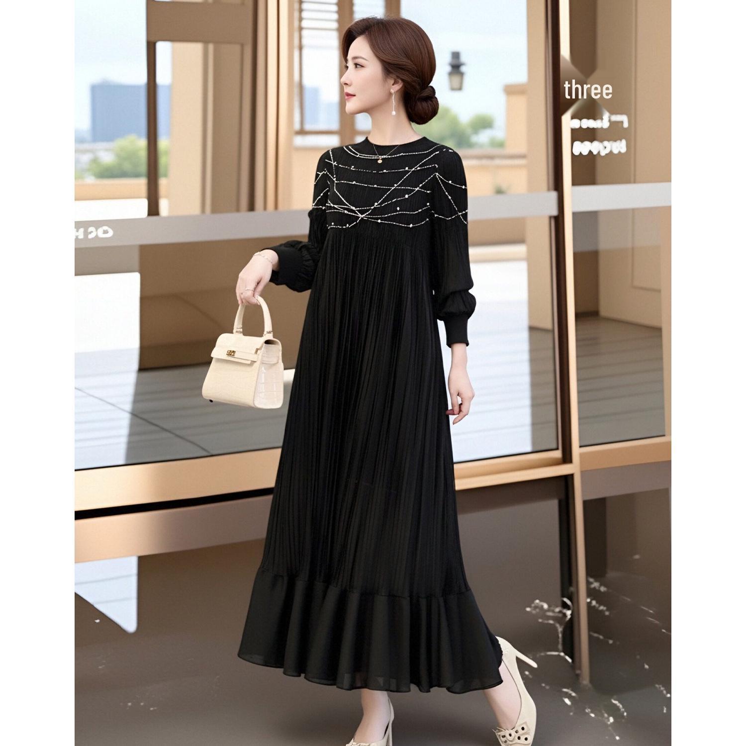 

Spring Celebration Red Pleated Dress for Middle-Aged & Elderly Women - Perfect for Weddings & Formal Events One Size (Approx. 90-160 lbs)