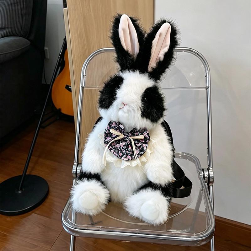 Cute Bowknot Plush Rabbit Backpack Realistic Long Fur Bunny Doll Cartoon Stuffed Animal Bag