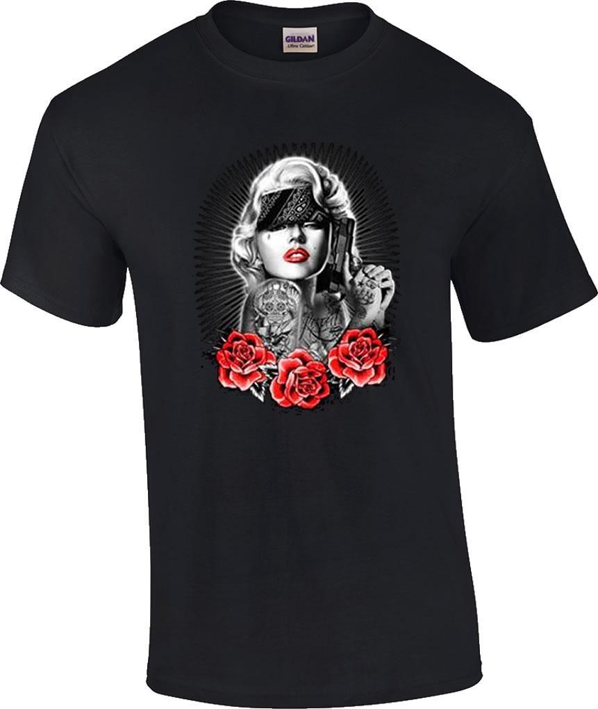 Marilyn Monroe Pain Rose Tattoo Gangsta Gun T-Shirt Tee XXL