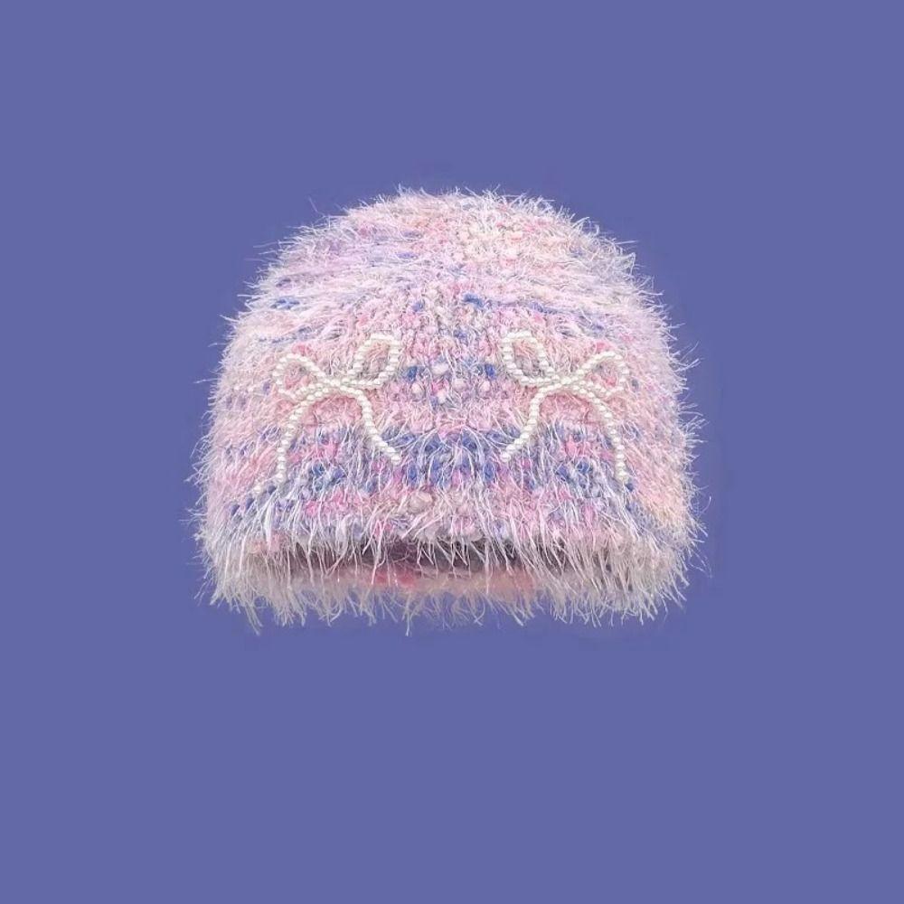 Colorful Knitted Pullover Hat Korean Style Brimless Beanie Cap Fashion Pearls Bow Woolen Hat  Women