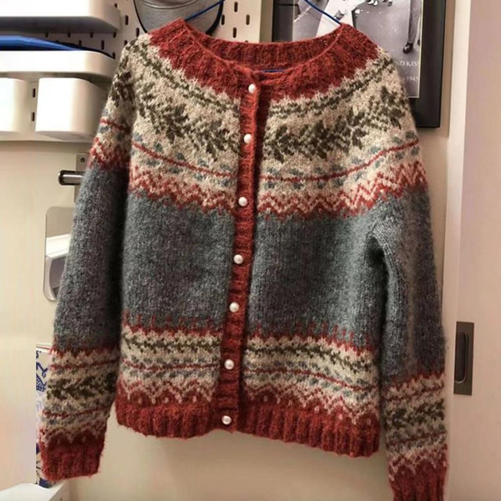 Women's Pink V-Neck Knit Cardigan with Jacquard Floral Pattern