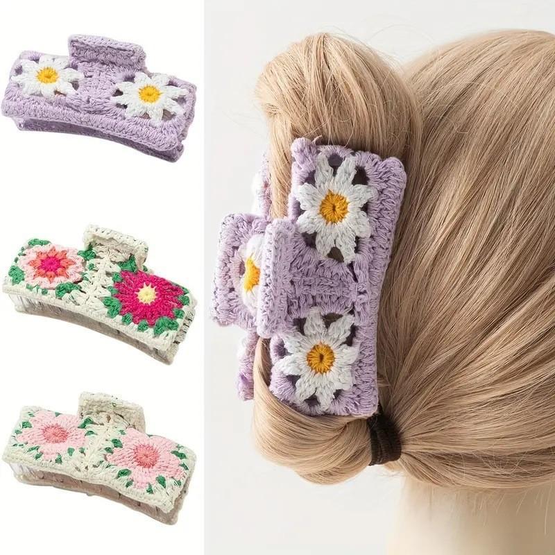 Knitted Flower Hair Claw Handmade Crochet Non-slip Cute Hair Accessory for Girls Women Daily Wear Party Use
