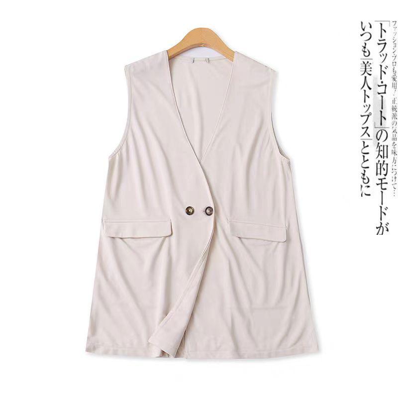 

Заказы Экспортированы в Японию Жилет средней длины Лето и Осень Новинка Женский Простой и Универсальный V-образный вырез Две пуговицы Двойной карман Дышащий жилет 31502 Beige A- 7-27-3 2L