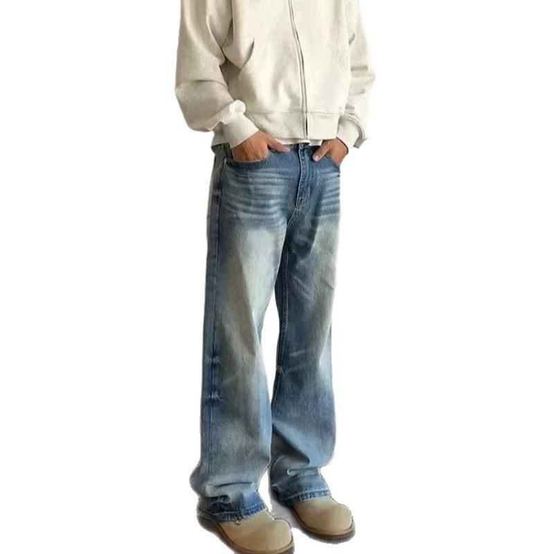 Vintage Distressed Straight Leg Wide Fit Denim Pants Men Women Mid-Rise Loose Jeans Washed Cotton Fall