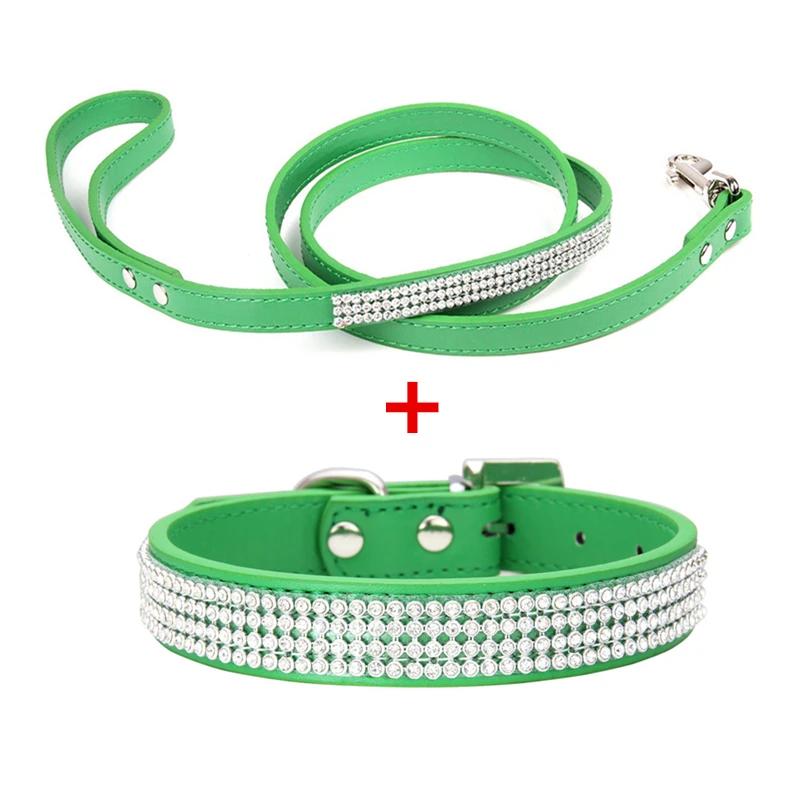 

Rhinestone Dog Collar Leash Set for Small Medium Dogs Cats Puppy Adjustable PU Leather Pet Walking Training Lead S зелёный