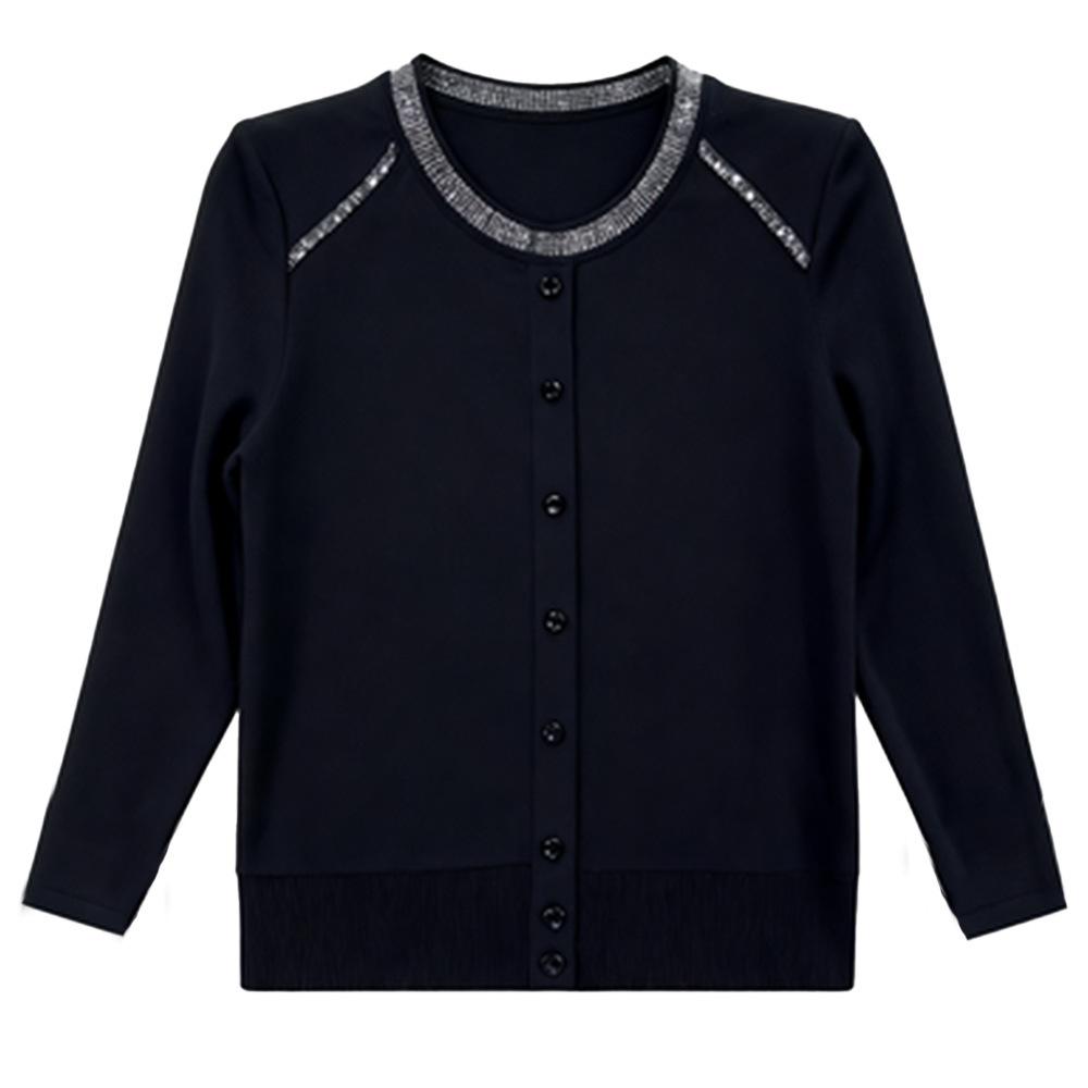 Autumn Winter Rhinestone Button Patchwork Fleece Round Neck Long Sleeve Warm Top for Middle-aged and Elderly Women