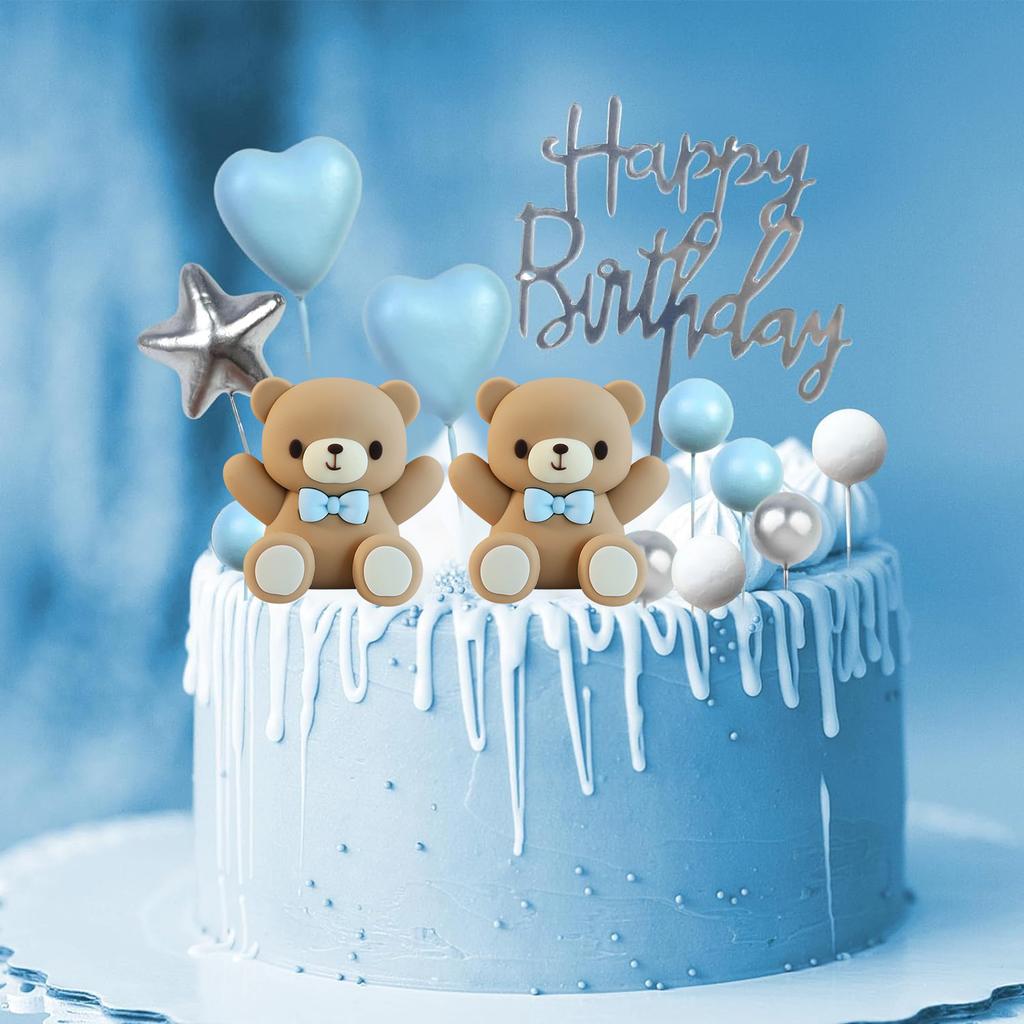 28PCS Blue Bear Blue Love Silver Stars Gender Reveal Cake Toppers Birthday Party Supplies with Silver Blue White Pearl Ball