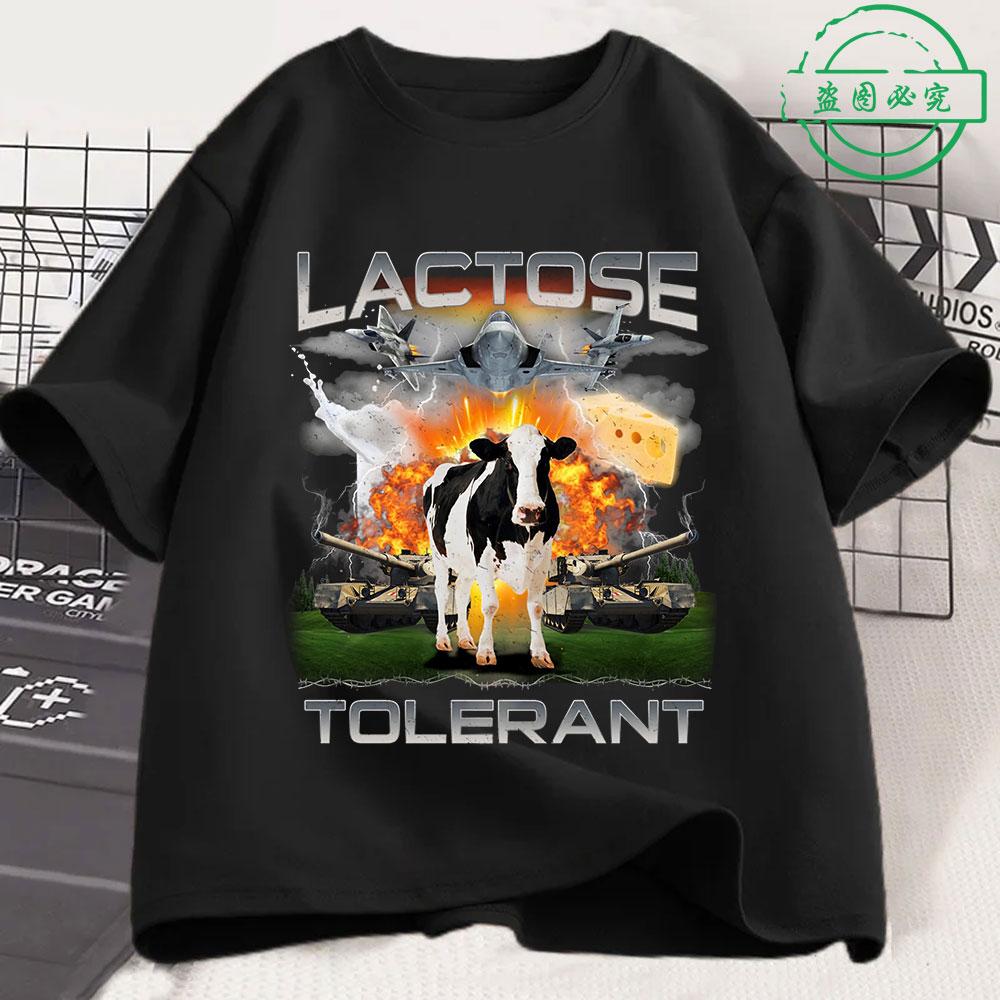 T-shirt Chat Drôle Intolérant au Lactose Unisexe Femme Mode Rétro Manches Courtes Coton Décontracté Confortable Oversize