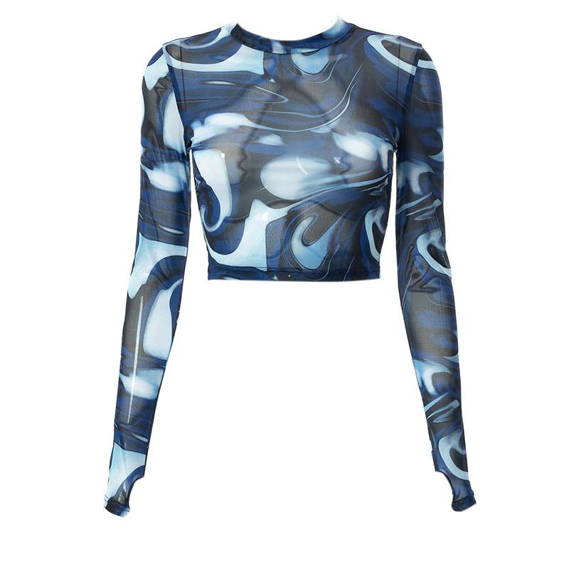 Fashion Female Crop Tops Mesh Sheer Print Round Neck Long Sleeve T-Shirt Pullovers Sexy Streetwear Y2k Harajuku Tops