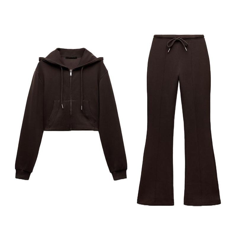 Spring New Arrival Women's Clothing Long Sleeves Hooded Short Sweatshirt 3641843 Double-Sided Cloth Stretch Sweatpants 3641845