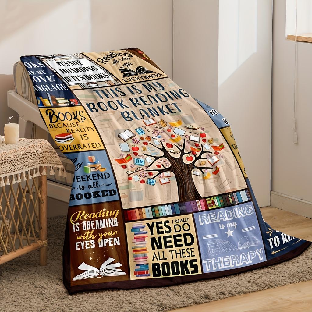 Cozy Book-Themed Flannel Throw Blanket - Soft, Warm & Versatile for Office, Camping & Travel - All-Season Gift Idea, College Style