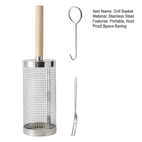 Stainless Steel BBQ Grill Basket with Wooden Handle Rolling Cage for Even Cooking Vegetables Seafood Meat Camping Barbecue Tool