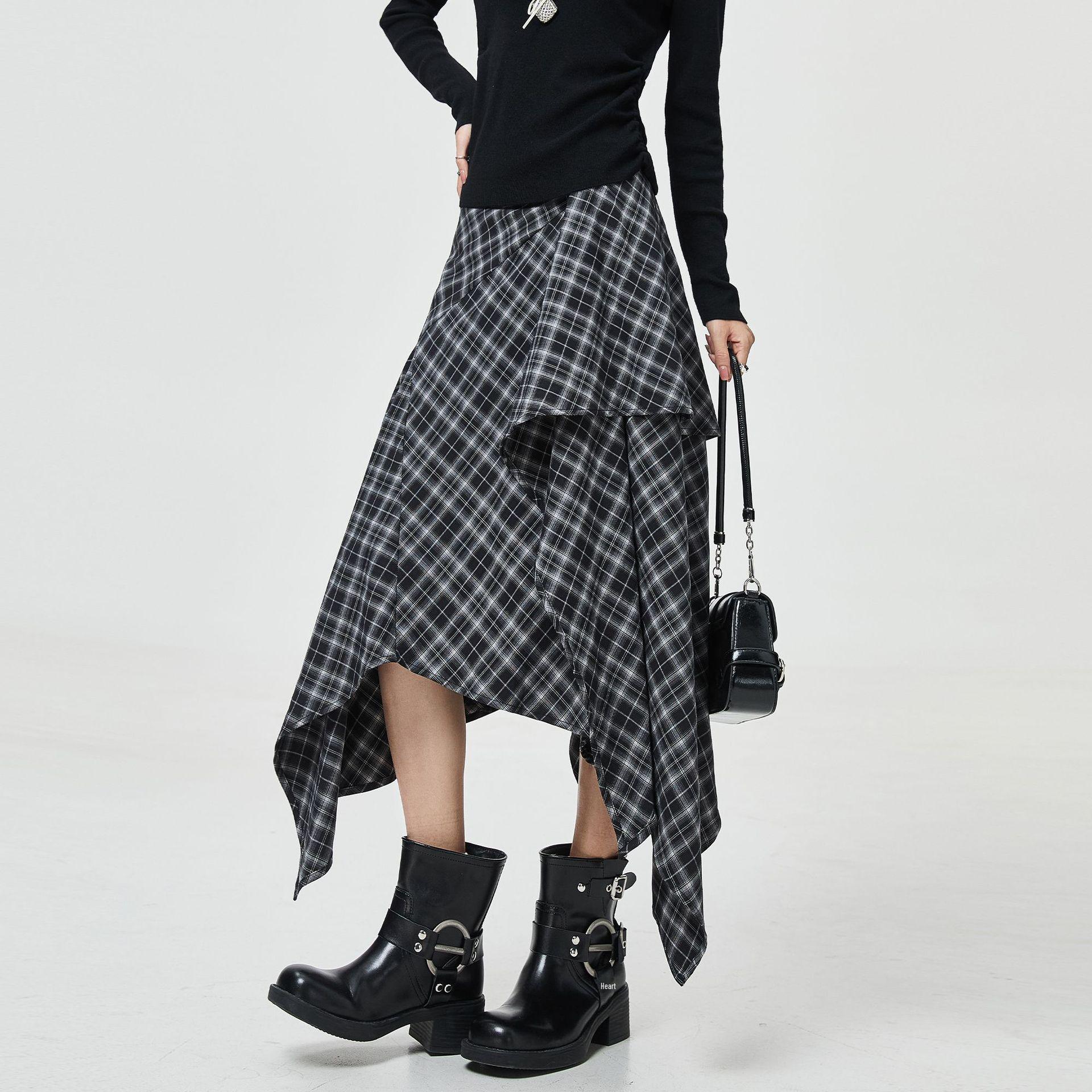 

2026 Retro Plaid Letter A-Line Mid-Length Skirt for Women - Slimming Design Medium чорний