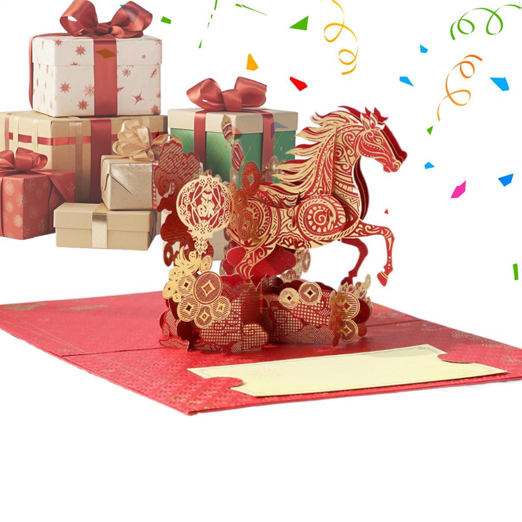 Elegant Popup Horse Greeting Card For 2026 Chinese New Year Elegant Gold Foils Card For Festive Celebration