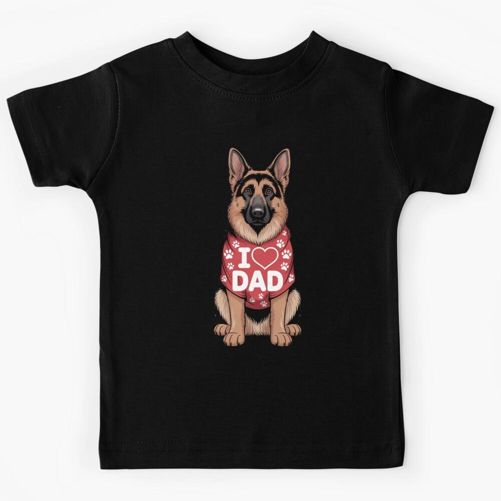 German Shepherd Wearing a red Shirt with Prints I Love DAD Kids T-Shirt 160