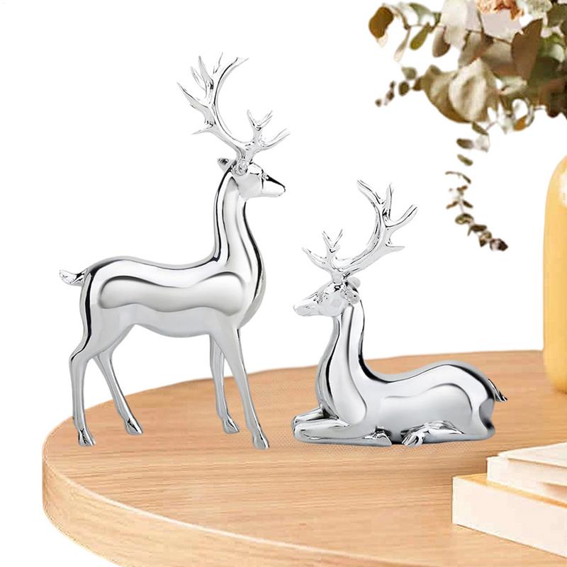 Reindeer Handicraft Piece Resin Sculpture 2PCS Electroplated Silver Reindeer Statue Christmas Decor Center Table Decorations