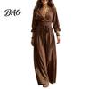 Daily Wear Lace Dress Women V-Neck for Fall, 3/4 Sleeves Maxi with Solid Color Belt, Loose Casual Long Vacation Three Quarter Sleeve